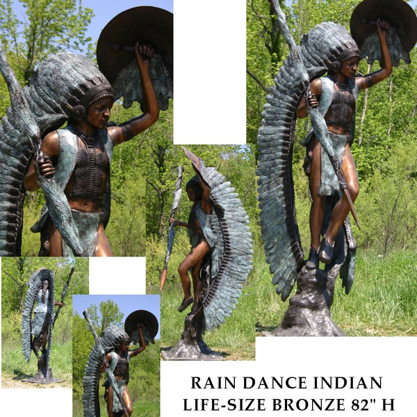 Life size bronze Indian with shield and spear dancing